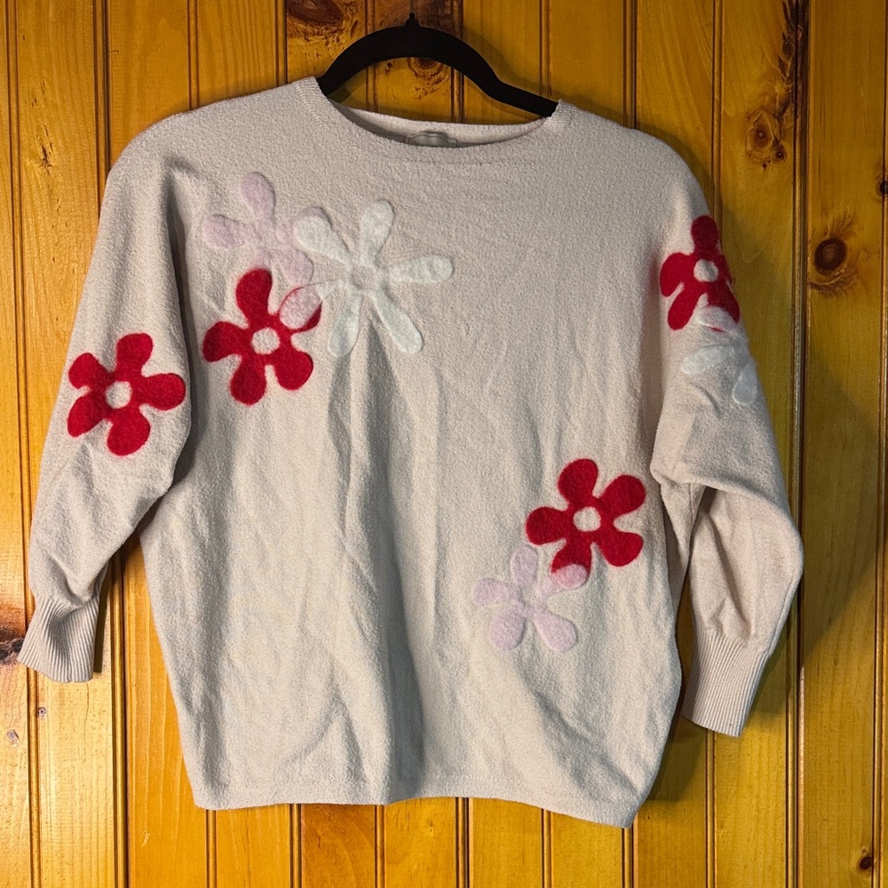 Sioni from Anthropologie Beige Sweater with Red and White Floral Accents - Picture 1 of 5